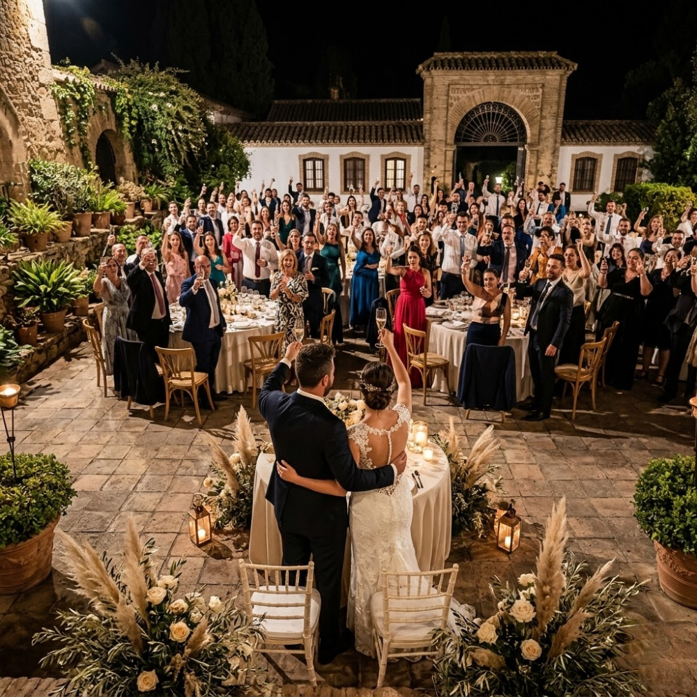 Ambiente festivo y elegante en una recepción de boda nocturna