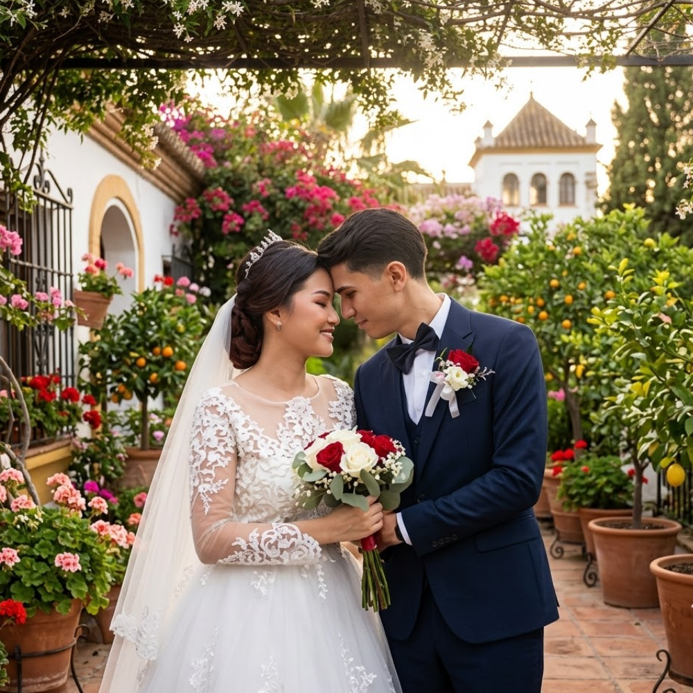 Invitados escaneando un QR en una boda y subiendo fotos felices desde el móvil